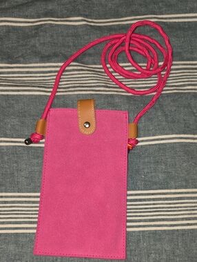 Hot Pink Suede Crossbody Phone Pouch with Tan Accent